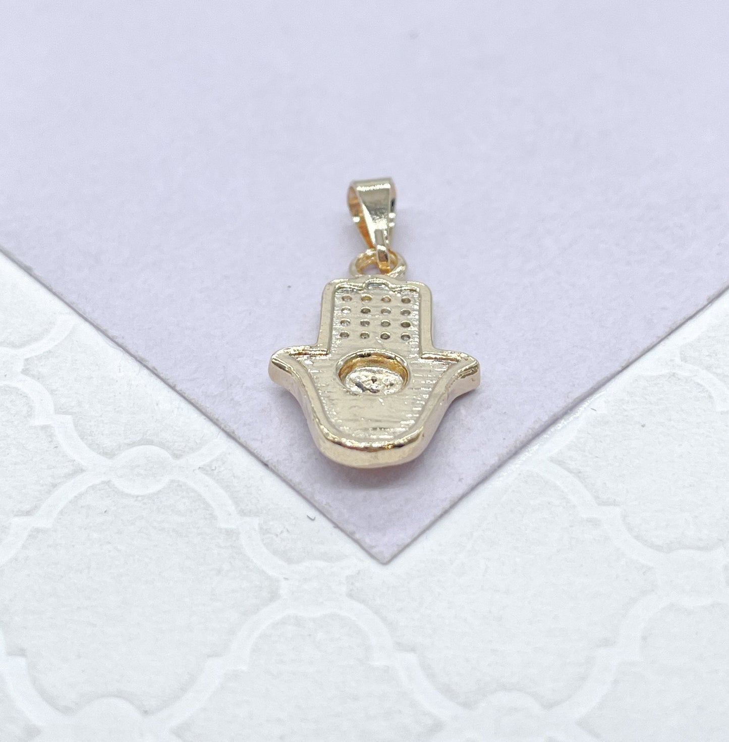 18k Gold Filled Mini Hamsa Hand Pendant With Dainty Evil Eye in Center