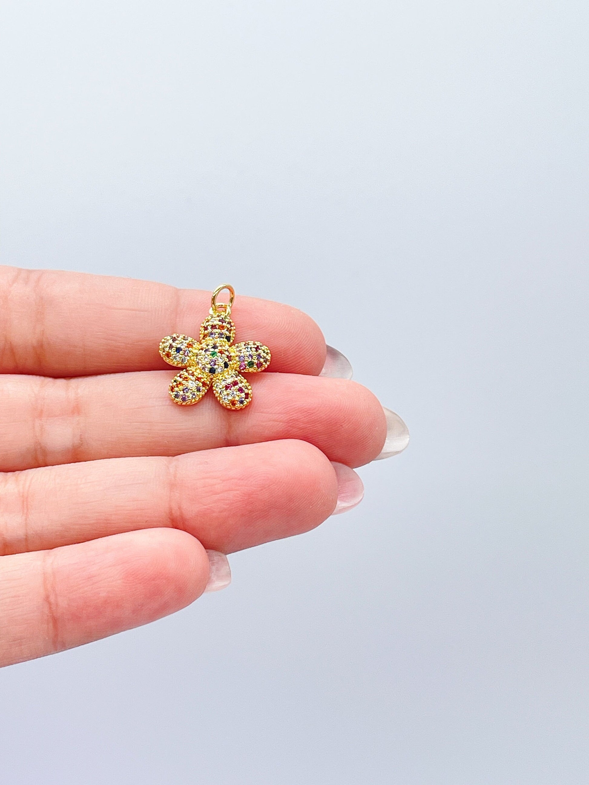 18k Gold Filled Tiny Chubby Colorful Pave Flower Charm For Jewlery Making