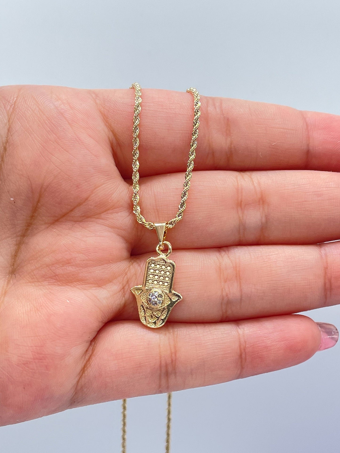 18k Gold Filled Mini Hamsa Hand Pendant With Dainty Evil Eye in Center