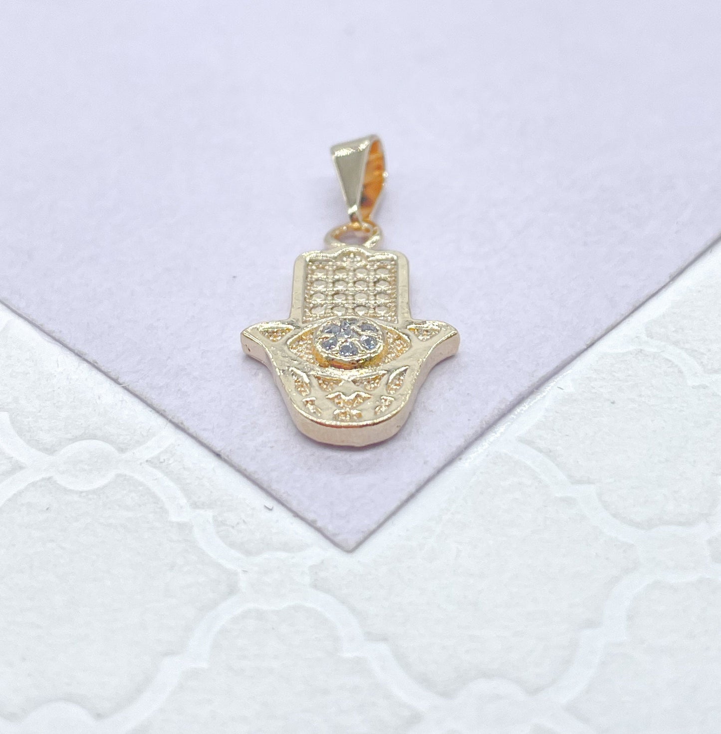 18k Gold Filled Mini Hamsa Hand Pendant With Dainty Evil Eye in Center