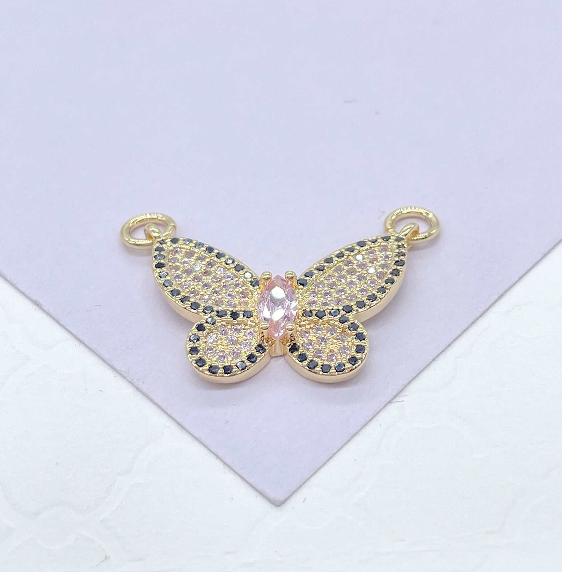 18k Gold Filled Baby Pink Butterfly Pendant With Black Pave Outline With Marquise Cut Center, For Jewlery Making, Dainty Butterfly