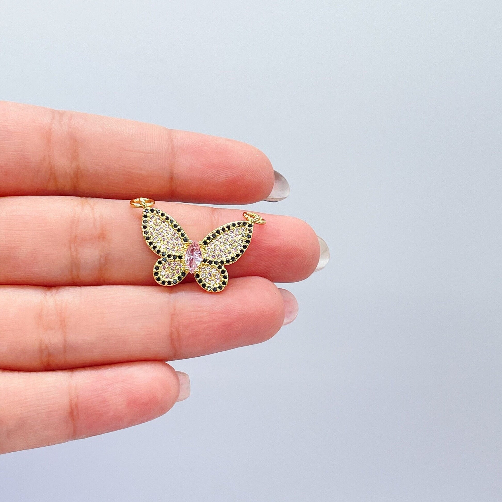 18k Gold Filled Baby Pink Butterfly Pendant With Black Pave Outline With Marquise Cut Center, For Jewlery Making, Dainty Butterfly