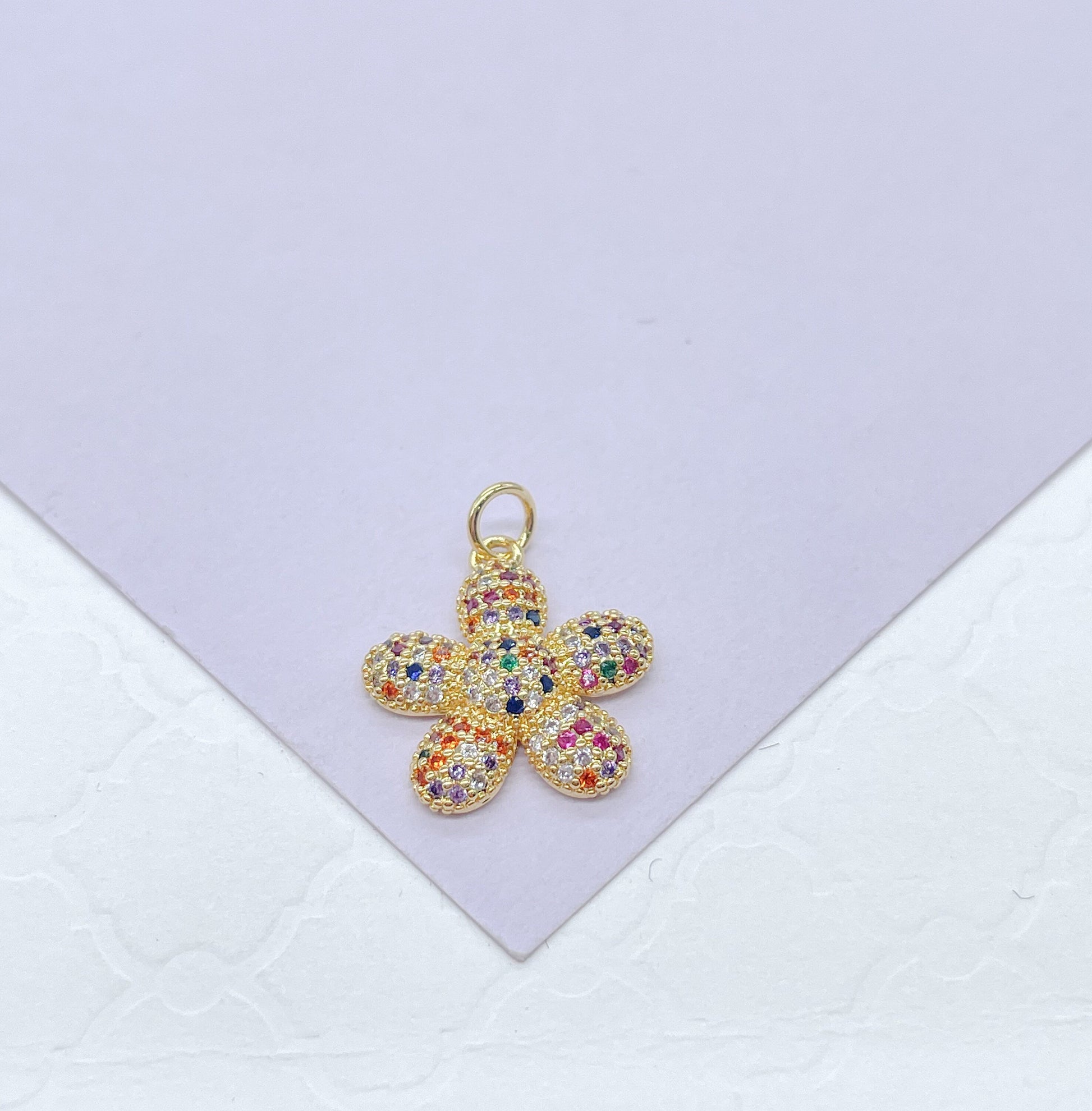 18k Gold Filled Tiny Chubby Colorful Pave Flower Charm For Jewlery Making