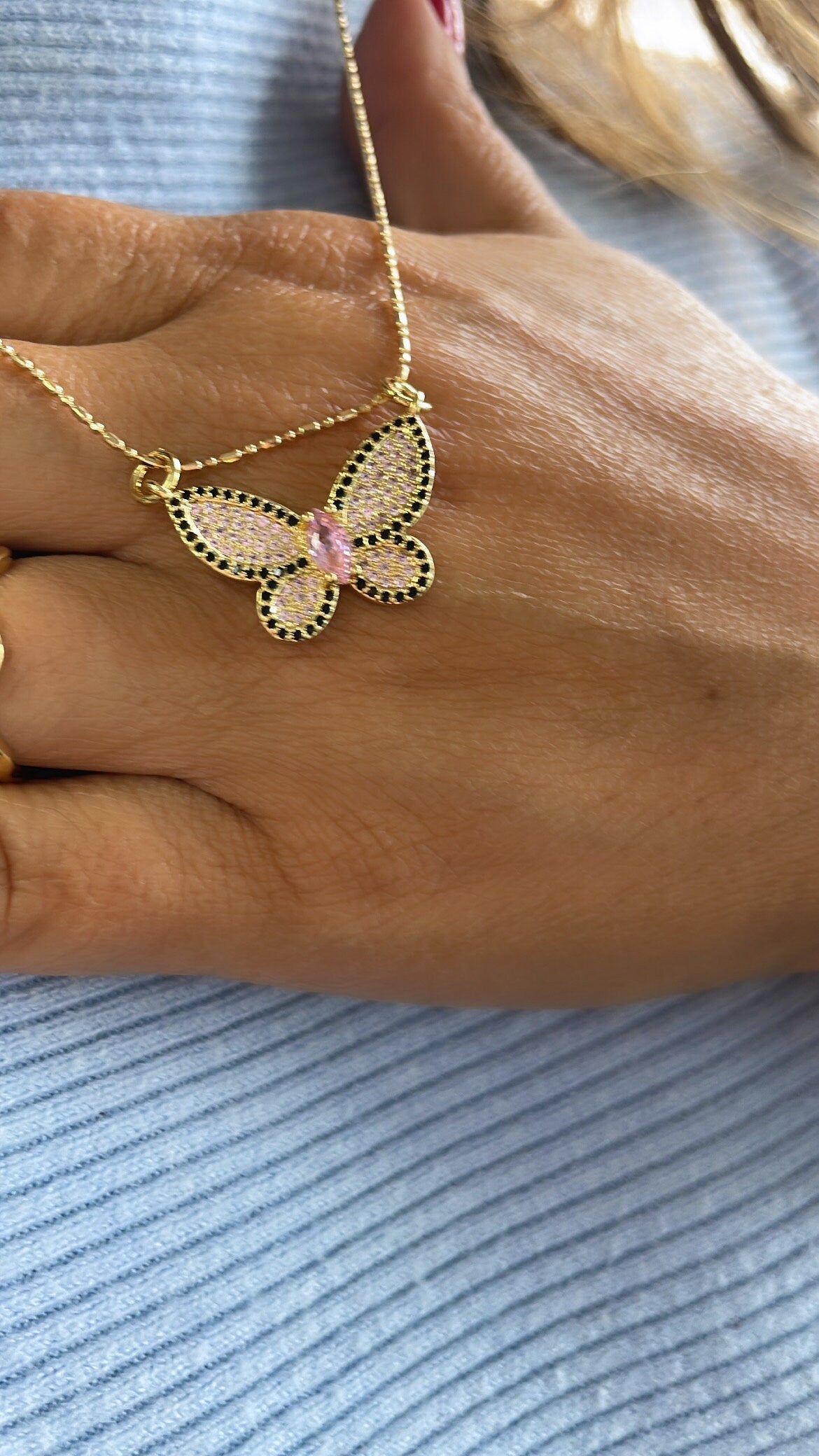 18k Gold Filled Baby Pink Butterfly Pendant With Black Pave Outline With Marquise Cut Center, For Jewlery Making, Dainty Butterfly