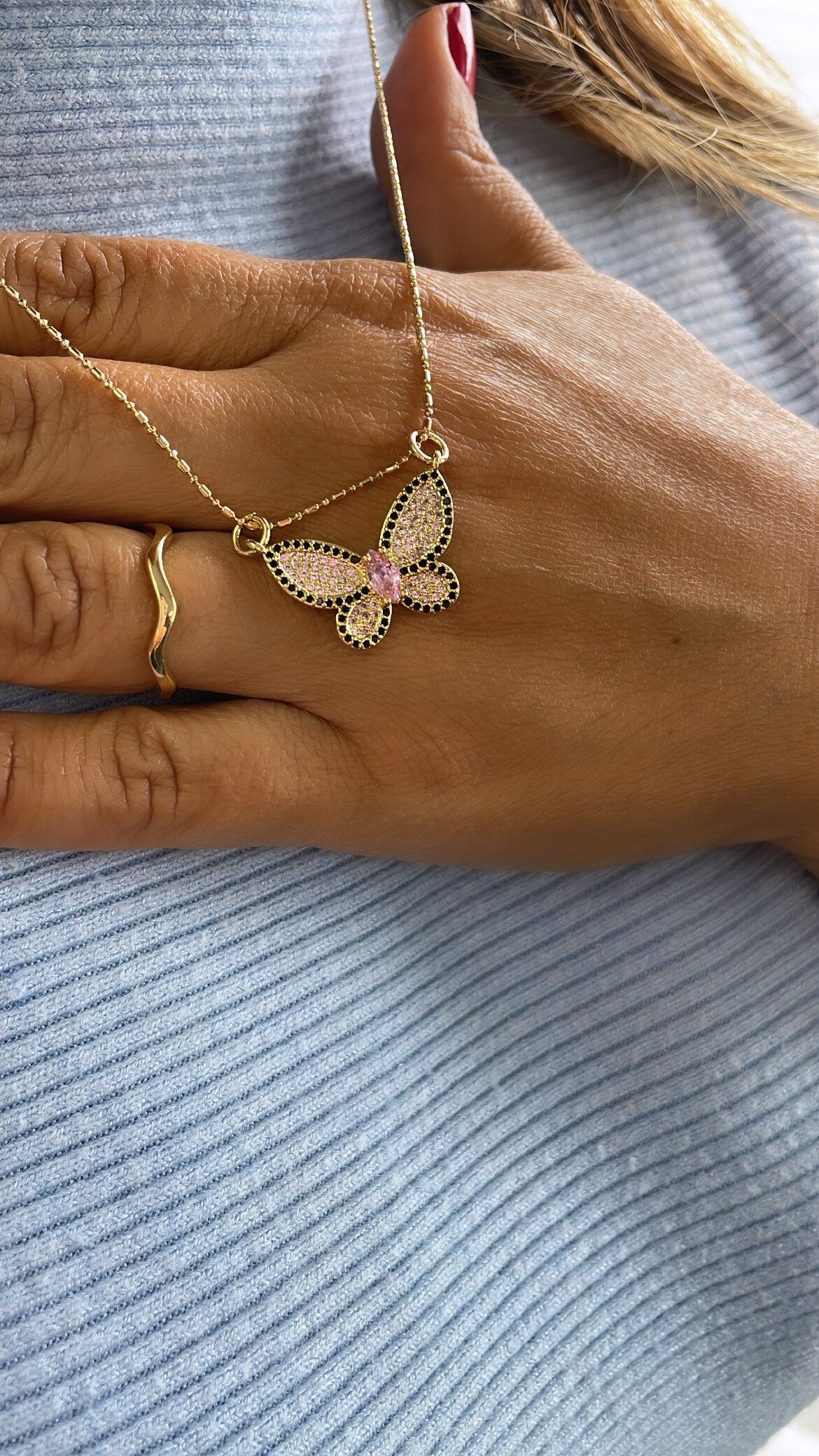 18k Gold Filled Baby Pink Butterfly Pendant With Black Pave Outline With Marquise Cut Center, For Jewlery Making, Dainty Butterfly