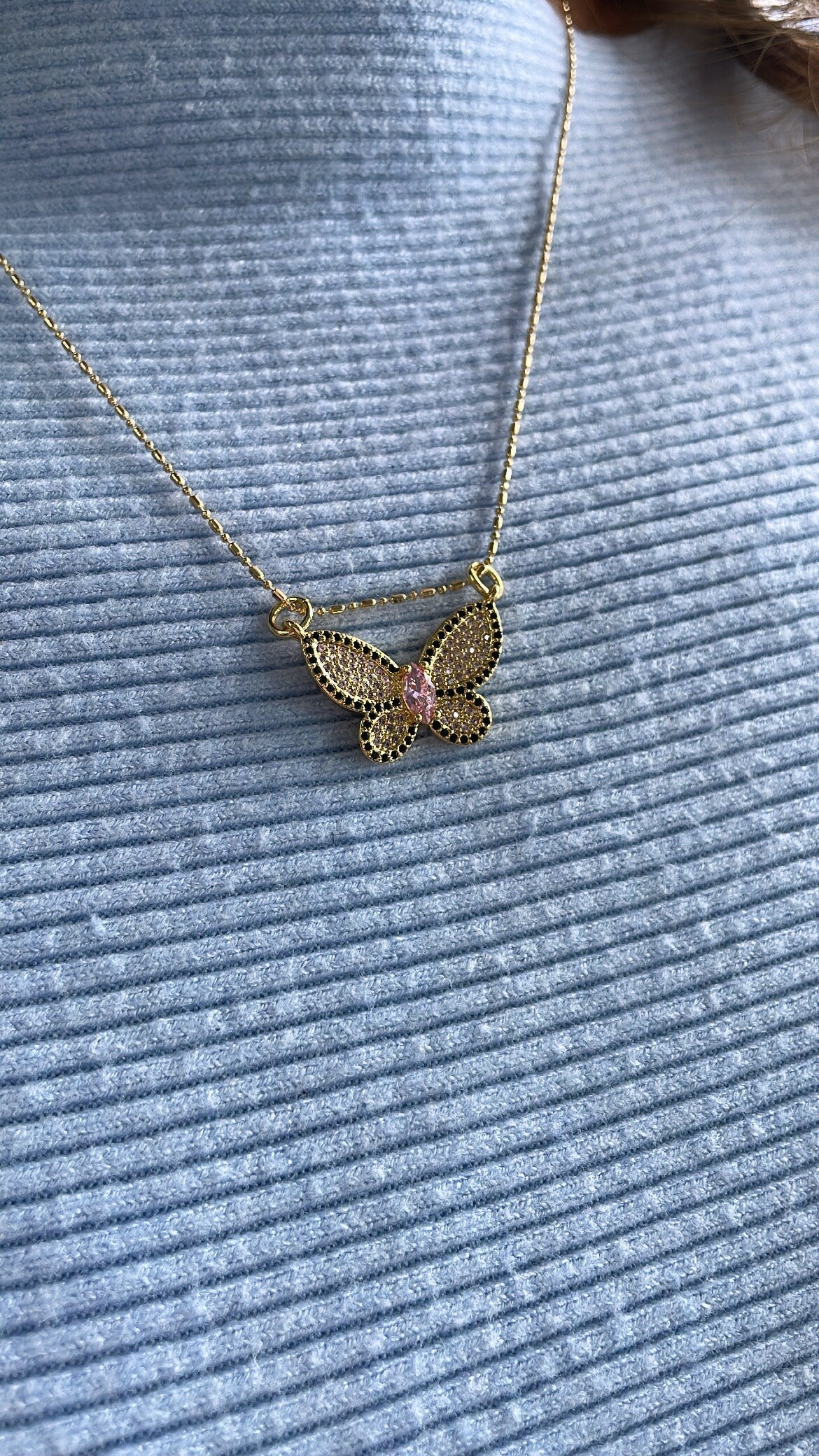 18k Gold Filled Baby Pink Butterfly Pendant With Black Pave Outline With Marquise Cut Center, For Jewlery Making, Dainty Butterfly