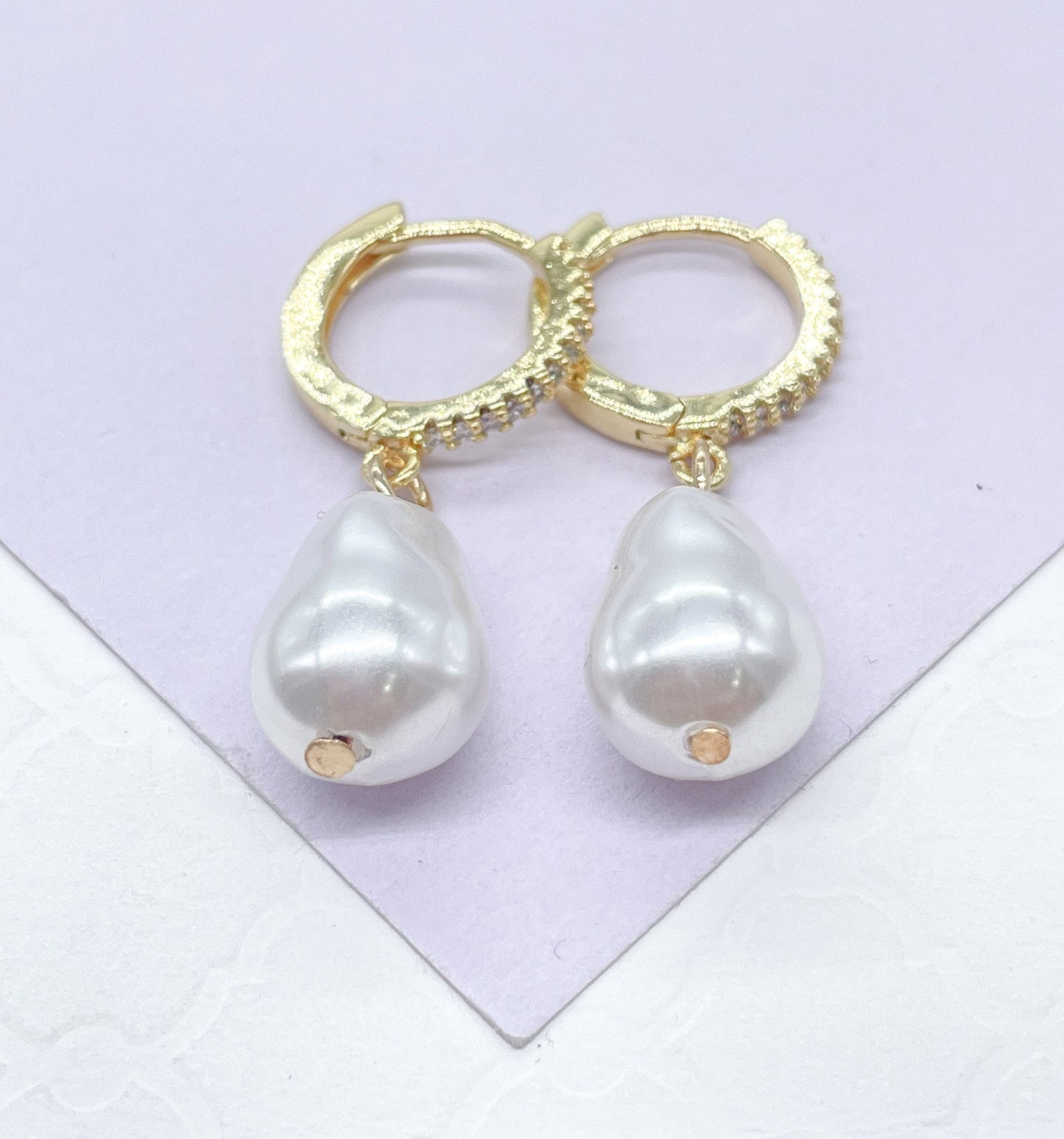 18k Gold Filled Dangling Baroque Pearl With Pave Hoop Earring