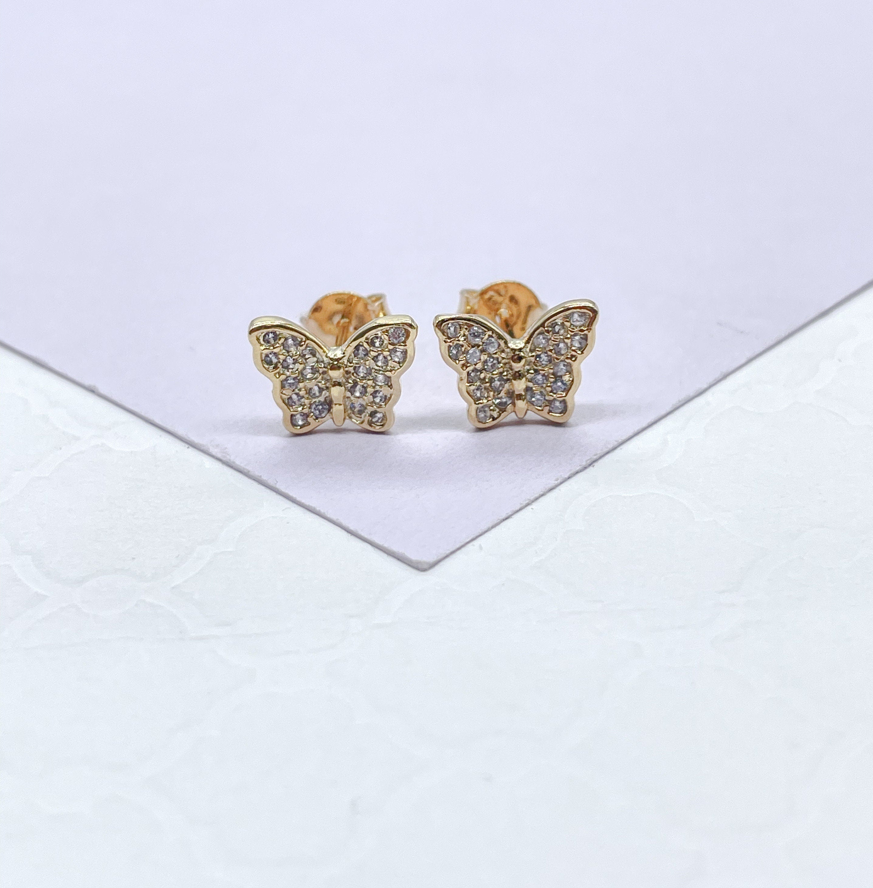 14K Solid Gold Butterfly Cz Post, 6mm 14K Polished Dainty Butterfly Earrings, Butterfly Cz Stud Earrings, 14K Gold outlet Stud Earrings- GK1048