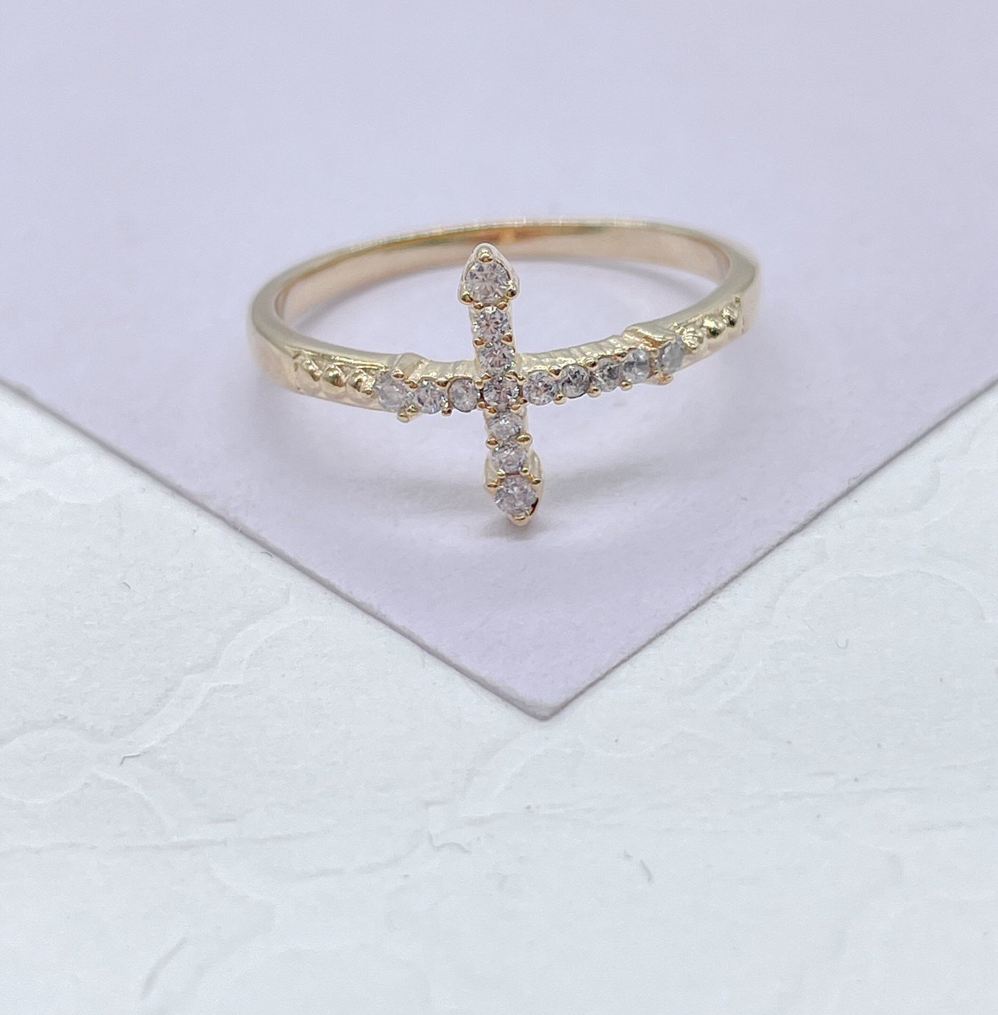 18k Gold Filled Mid Beaded CZ Cross Ring, Cross Jewlery, Dainty Ring