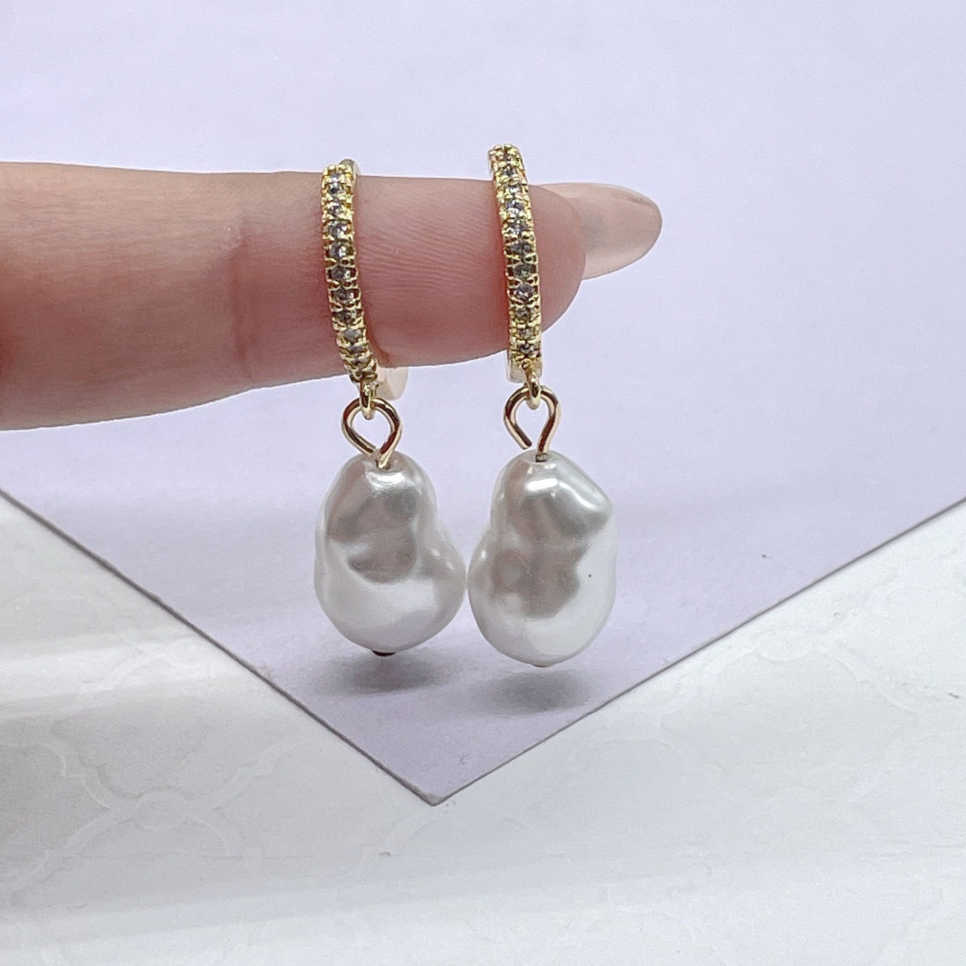 18k Gold Filled Dangling Baroque Pearl With Pave Hoop Earring