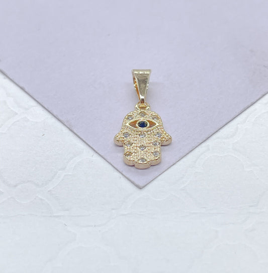 18k Gold Filled Mini Hamsa Hand Pendant With Dark Royal Blue Eye With Individual Textured CZ Stones