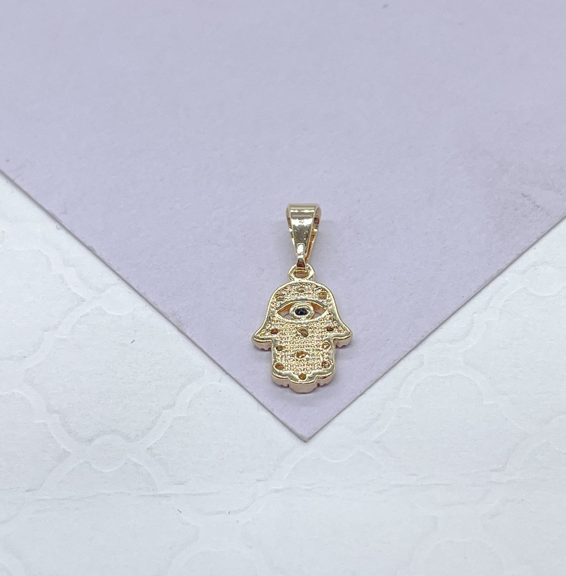 18k Gold Filled Mini Hamsa Hand Pendant With Dark Royal Blue Eye With Individual Textured CZ Stones