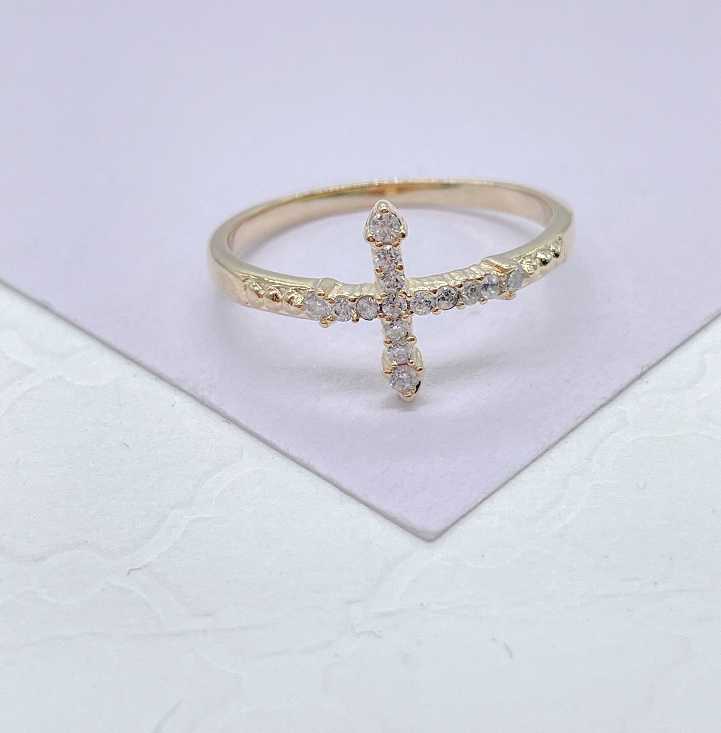 18k Gold Filled Mid Beaded CZ Cross Ring, Cross Jewlery, Dainty Ring