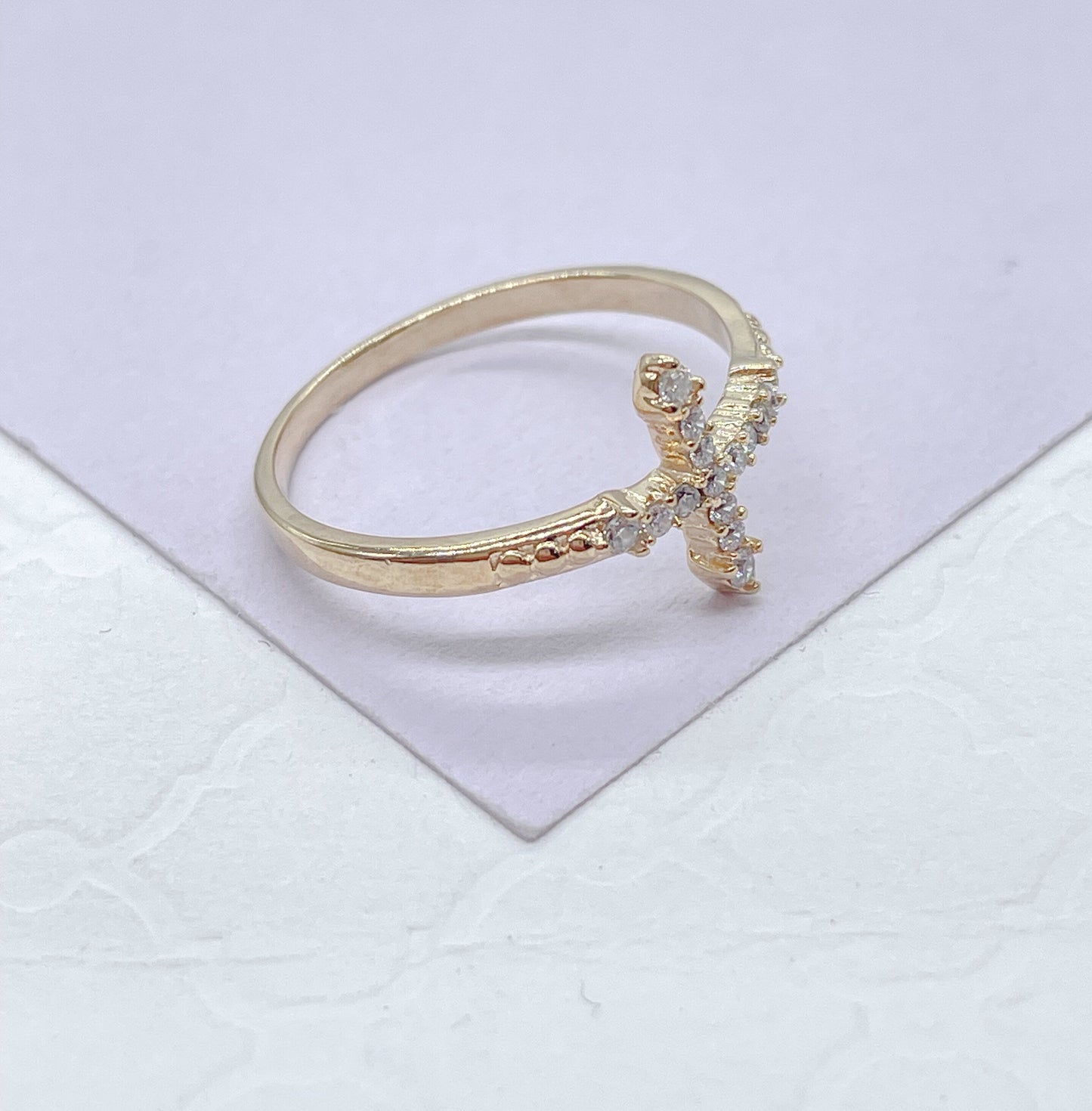 18k Gold Filled Mid Beaded CZ Cross Ring, Cross Jewlery, Dainty Ring