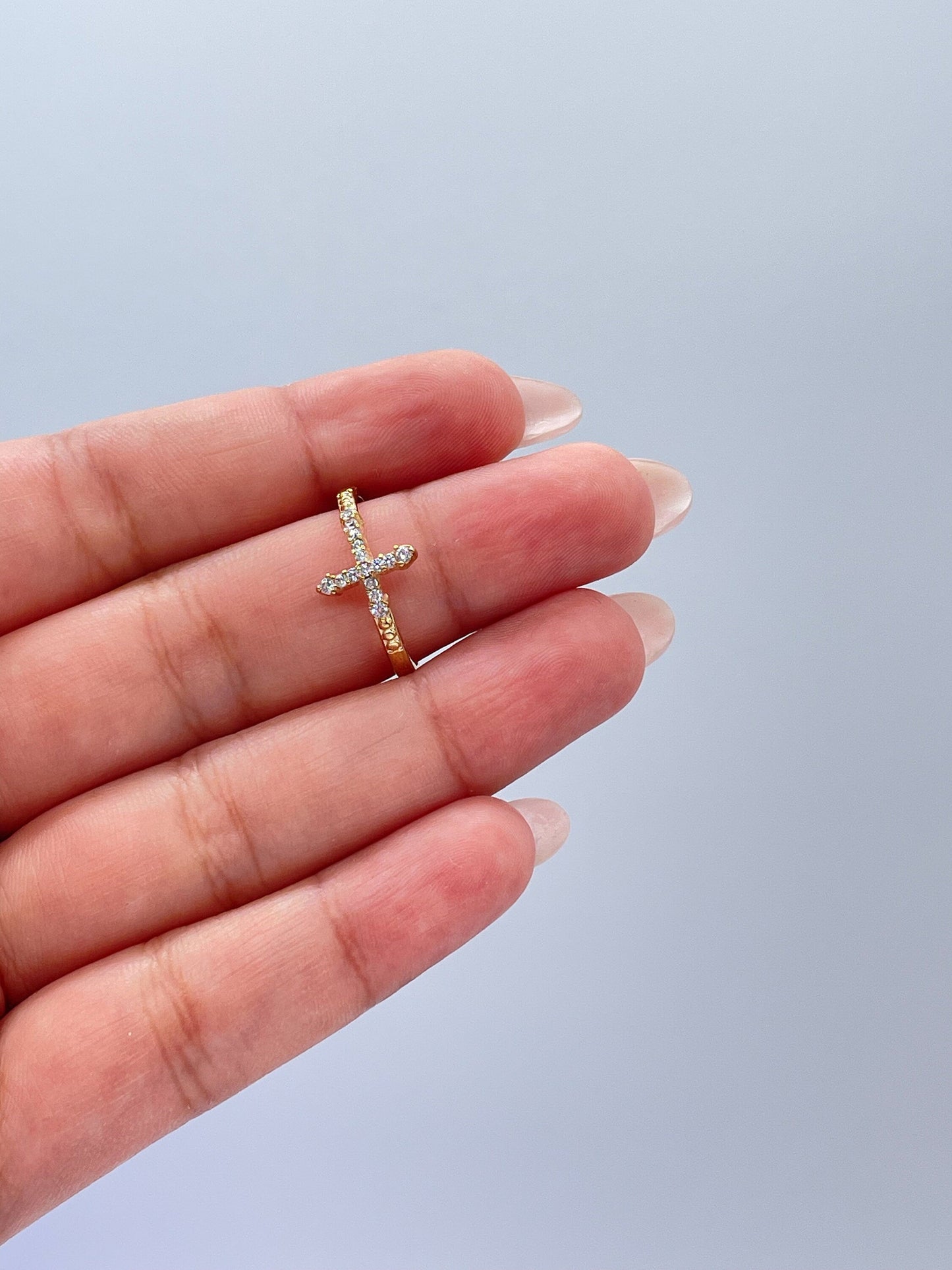 18k Gold Filled Mid Beaded CZ Cross Ring, Cross Jewlery, Dainty Ring