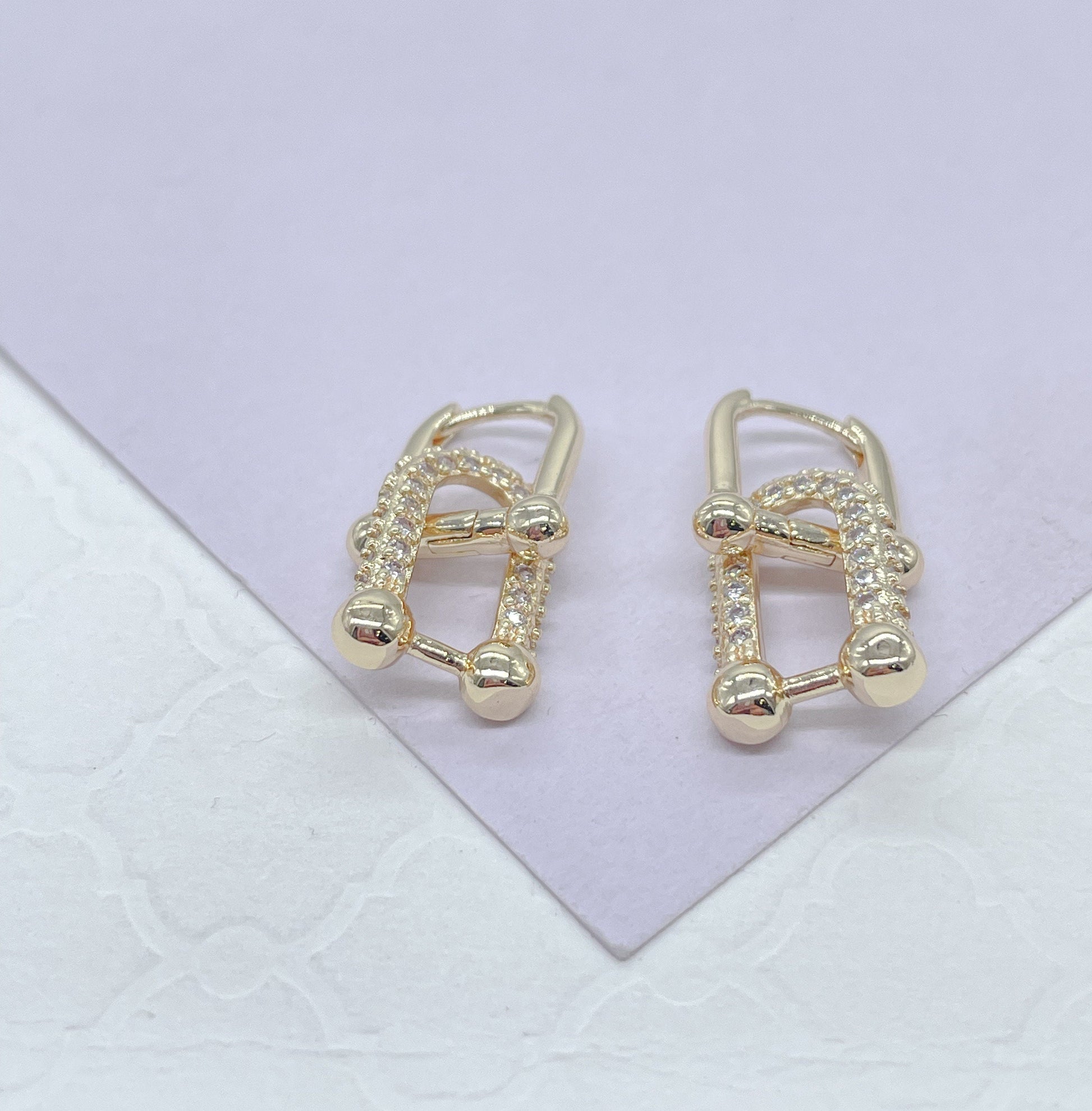 18k Gold Filled Dangling U Bone Link Earring With CZ Pave Link