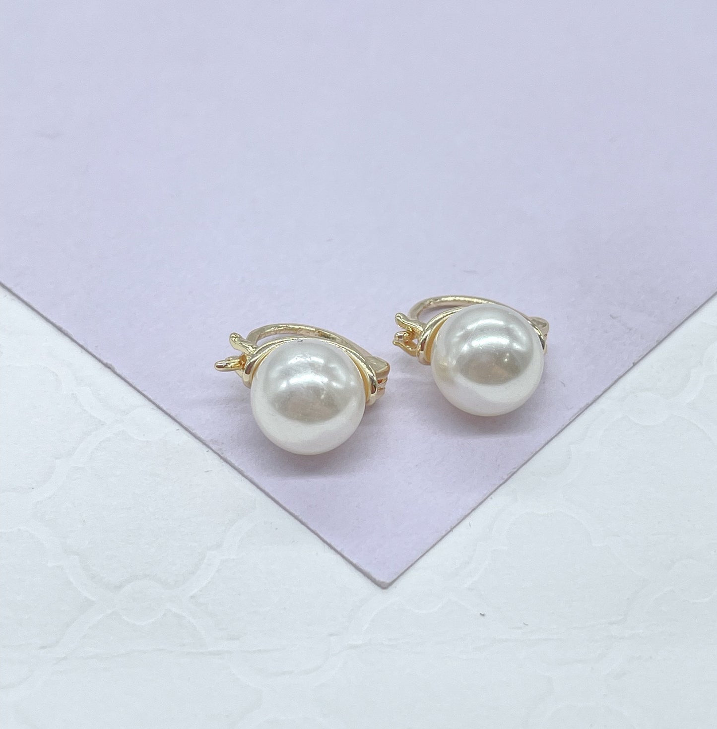 18k Gold Filled 8mm Plain Simulated Pearl Tiny Huggie Earring