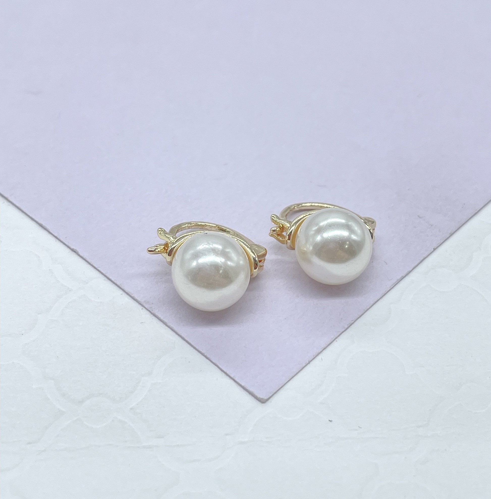 18k Gold Filled 8mm Plain Simulated Pearl Tiny Huggie Earring