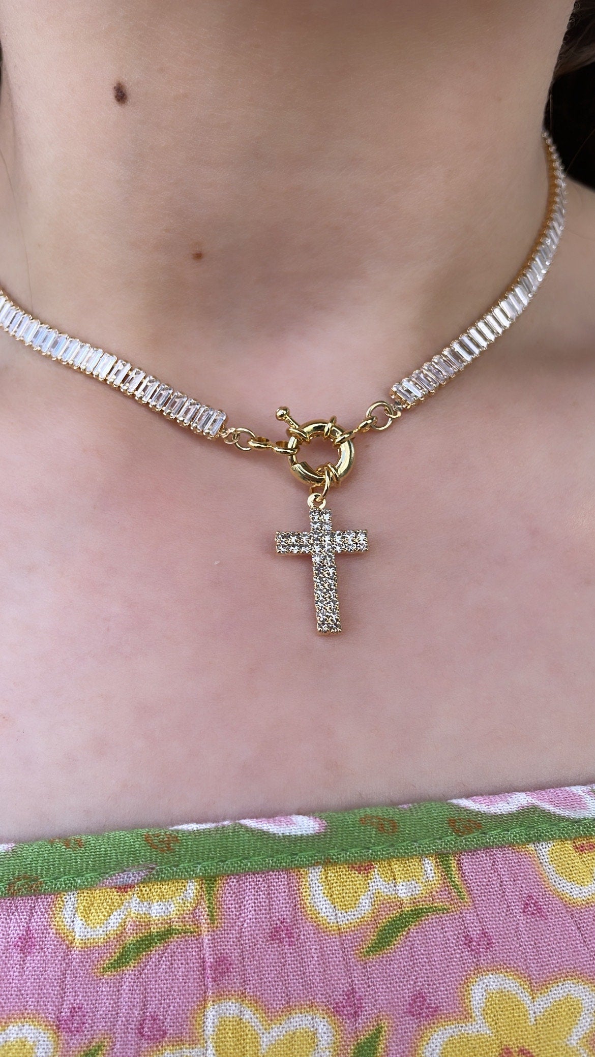 18k Gold Filled Half Baguette Tennis Choker With Carabiner Clasp and CZ Pave Cross