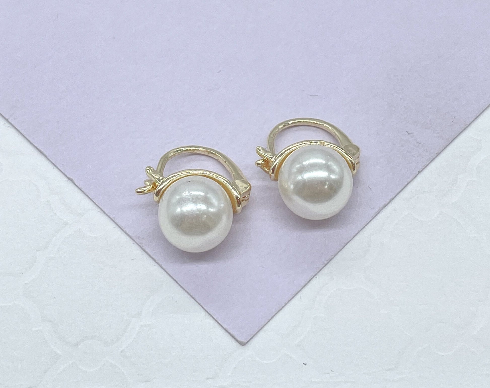 18k Gold Filled 8mm Plain Simulated Pearl Tiny Huggie Earring