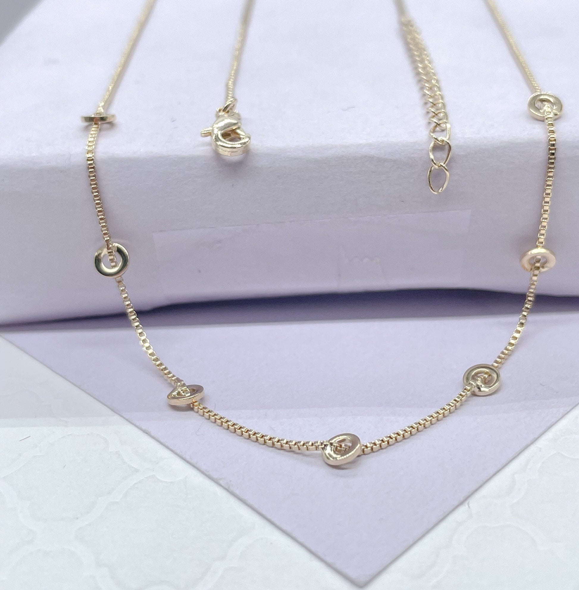 18k Gold Filled Dainty Plain Box Chain Choker With Soldered Disk Charms