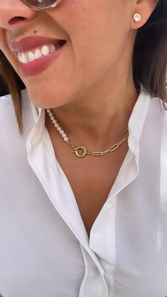 18k Gold-Filled Custom-Made Paper Clip and Beaded Pearl Chain Choker, Statement Piece, Pearl Choker, Paperclip Choker, Gifts for her